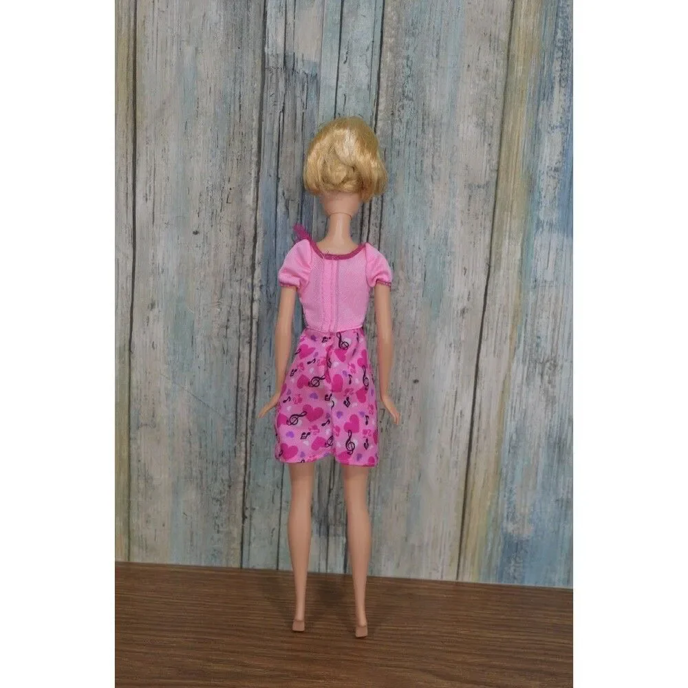 Barbie Doll Blonde Hair Updo Blue Eyes Pink Dress Ruffle Top Hearts Music Outfit